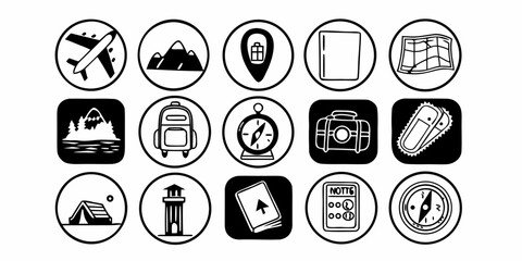 Fototapeta premium Set of icons representing travel and adventure, including airplane, mountains, compass, backpack, tent, and map
