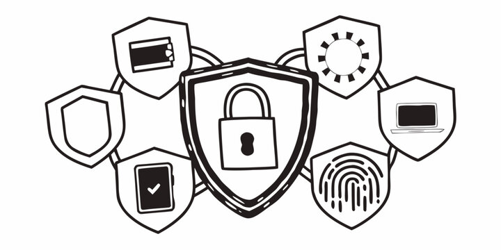 Conceptual illustration of network security, showing a central padlock shield protecting various digital assets like devices and user identity