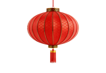 Red oval Chinese lantern with geometric patterns and tassel, isolated on a transparent background