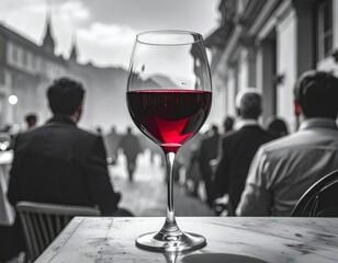 Vibrant red wine glass contrasting against a monochrome bustling city street cafe scene
