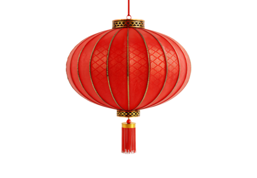 Red oval Chinese lantern with geometric patterns and tassel, isolated on a transparent background