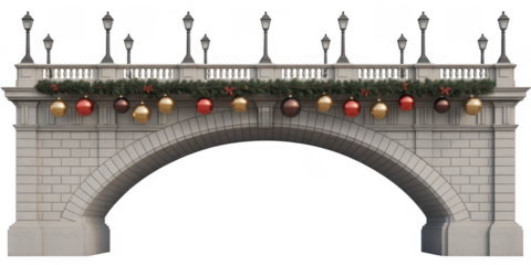 Stone bridge with ornate lampposts and Christmas decorations isolated on a transparent background