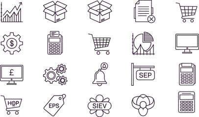 Business, finance, icons, outline, chart, calculator, gear, shopping, cart, monitor, currency, tag, document, bell, teamwork, statistics, analysis, economy, retail, digital