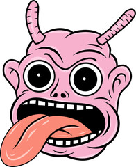 Illustration of pink monster face with tongue out horns and big eyes cartoon character art
