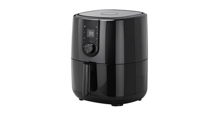 Modern black air fryer with digital control dial, healthy oil free cooking appliance isolated, kitchen gadget for home cooking concept  Isolated on transparent background, png.