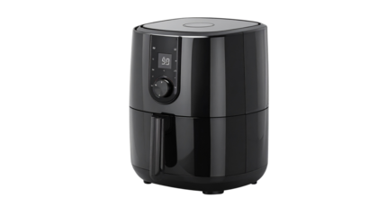 Modern black air fryer with digital control dial, healthy oil free cooking appliance isolated, kitchen gadget for home cooking concept  Isolated on transparent background, png.