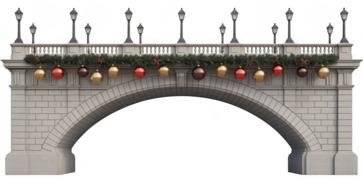 Stone bridge with ornate lampposts and Christmas decorations isolated on a transparent background