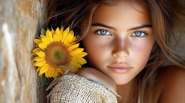 Close-up portrait of a young adult woman with striking blue eyes and freckles, adorned with a sunflower and wearing a burlap-like fabric. Soft, warm lighting.
