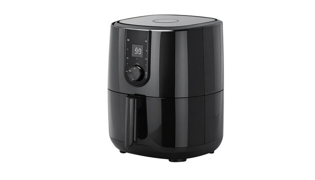 Modern black air fryer with digital control dial, healthy oil free cooking appliance isolated, kitchen gadget for home cooking concept  Isolated on transparent background, png.