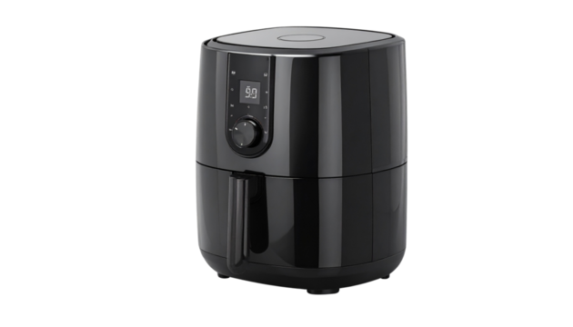 Modern black air fryer with digital control dial, healthy oil free cooking appliance isolated, kitchen gadget for home cooking concept  Isolated on transparent background, png.