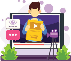 Vlogger celebrating milestone with video award on screen illustration