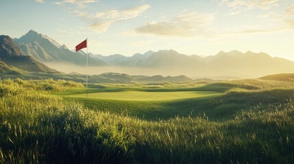 Scenic golf course with a red flag on the green, set against a backdrop of misty mountains at sunrise