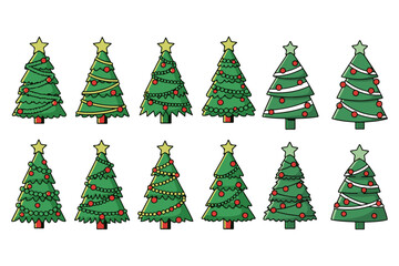 Fototapeta premium Vector illustration set of twelve green Christmas trees decorated for the holiday season with stars and ornaments
