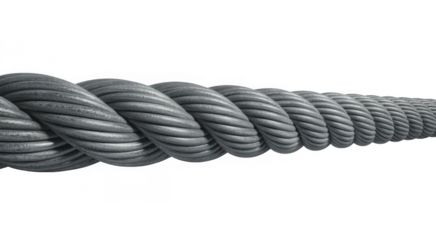 Thick gray metal steel wire rope twisted strands isolated on a transparent background