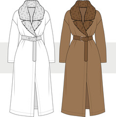 Women's Longline Trench Coat with Fur Collar Fashion Technical Drawing, illustration.  Stylish Belted Coat vector. CAD, Mockup. © gulsenbozkurt