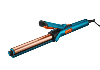 Teal and orange curling iron with copper barrel isolated on a transparent background