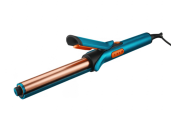Teal and orange curling iron with copper barrel isolated on a transparent background