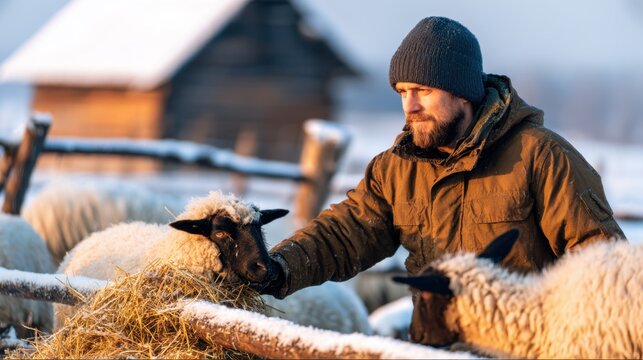 A farmer tending to sheep in a snowy landscape at sunrise, showcasing rural life and animal care