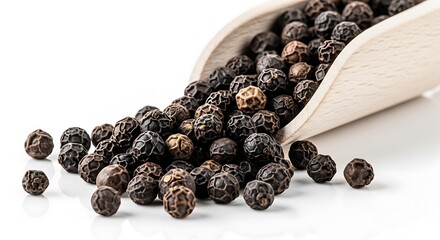 Whole black peppercorns spilling from a wooden scoop on a white background