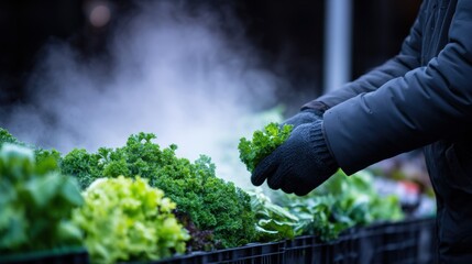 Naklejka premium A person selecting fresh kale at a vibrant market, with mist rising from nearby produce displays