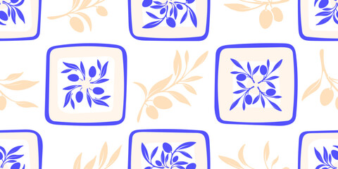 Mediterranean tiles seamless pattern. Olive plant