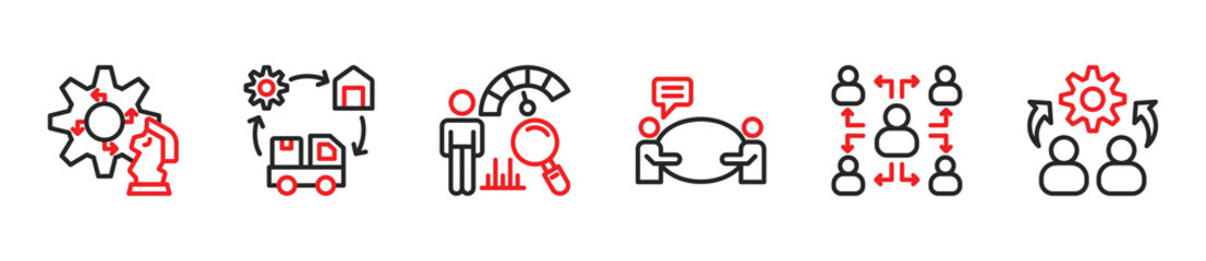 Icons of Strategy, Supply Chain, Benchmark, Consultancy, Networking, Outsourcing. Vector Illustration