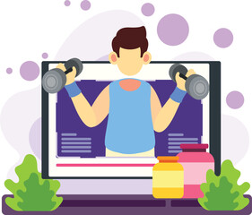 Online fitness coach lifting dumbbells in session illustration