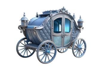 Ornate blue carriage with decorative details, lanterns, spoked wheels, royal design, isolated on transparent background
