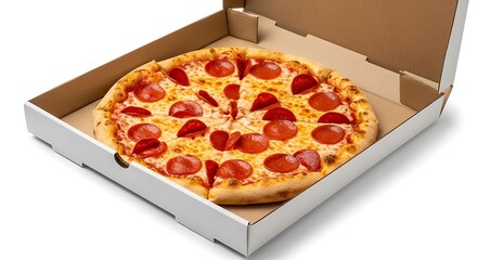 Delicious pepperoni pizza freshly delivered in a cardboard takeout box