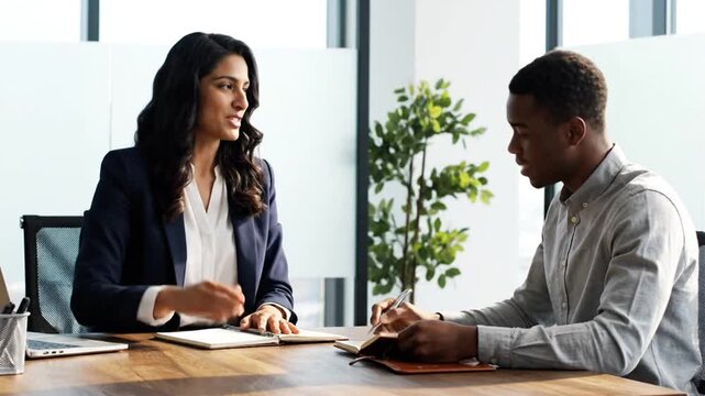 Diverse business professionals having a focused discussion in a modern office meeting