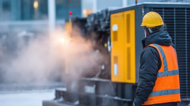 Worker in safety gear observes machinery emitting steam in a snowy industrial environment