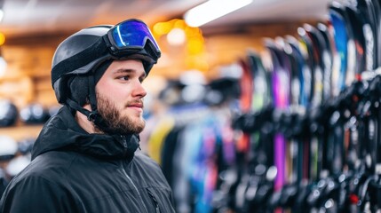 Young man in ski gear contemplating ski equipment in a shop with various skis in the background