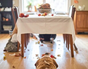 A curious dog's low-angle view under a messy thanksgiving dinner table after the family feast