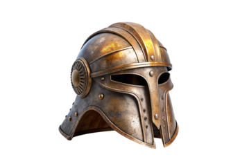 Weathered bronze helmet with rounded ear guards and aged metal patina finish, isolated on a transparent background