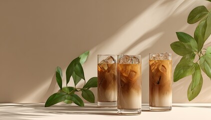 Refreshing iced coffee drinks with layered cream, ice, and coffee, plus leafy green plants