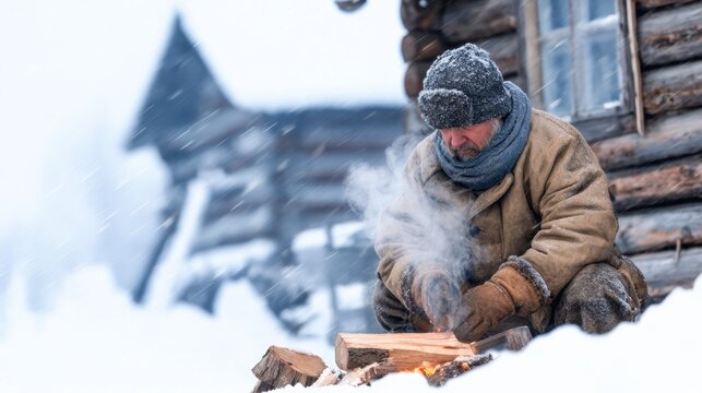 Man in winter clothing chopping wood by a log cabin in a snowy landscape with smoke rising