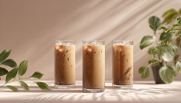 Three tall glasses of iced coffee sit on a surface, dappled with sunlight and shadow