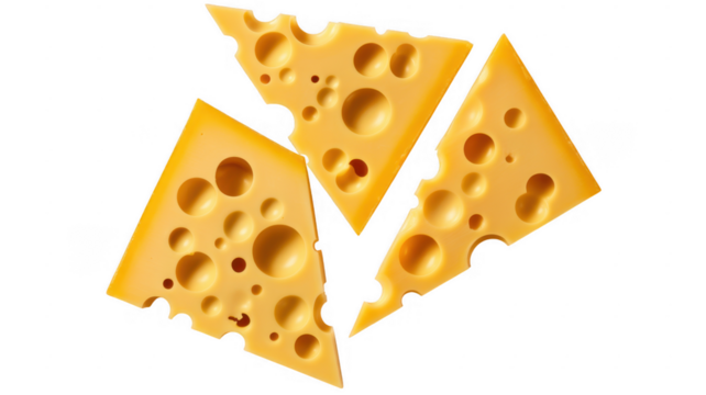 Three Swiss cheese wedges with holes isolated on a transparent background