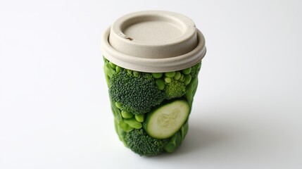 Green vegetable coffee cup filled with fresh produce, showcasing broccoli, cucumbers, and peas, emphasizing healthy lifestyle and sustainability