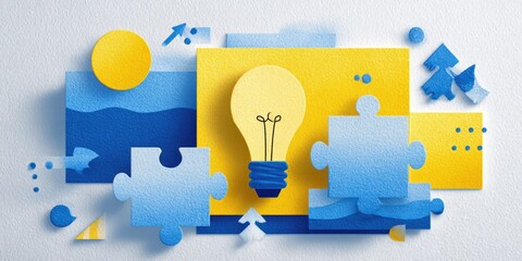 Abstract composition showing a lightbulb in a yellow square, jigsaw pieces, and blue layered shapes