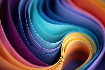 Close-up abstract of colorful, curved paper strips in vibrant hues, creating waves and layers