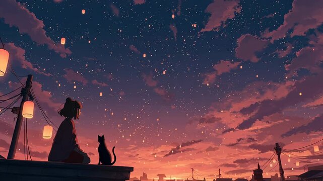 Serene silhouette of a girl and her cat watching the dusk sky with floating