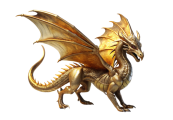Metallic gold dragon with extended wings in side view flying stance, isolated on a transparent background