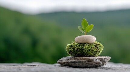 A balanced stack of stones, moss, and a young green sprout, set against a blurred natural background.