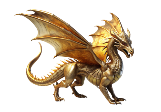 Metallic gold dragon with extended wings in side view flying stance, isolated on a transparent background