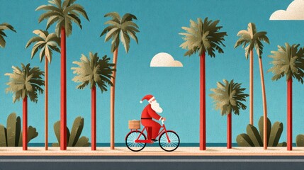 Santa Claus rides a bicycle on a sunny day in a tropical paradise