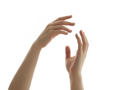 Two delicate female hands reaching upwards with open palms isolated on a transparent background
