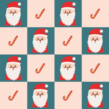 cute cartoon Santa Claus in patchwork style pattern background with christmas element drawing