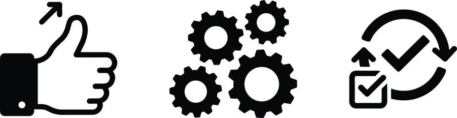 Success Optimization Workflow Process: Thumbs Up Approval, Gear Settings, and Automated Confirmation Icons for Business Efficiency Management, Vector Illustration