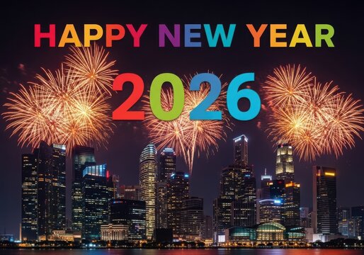Happy new year 2026 celebration vibrant fireworks over a modern city skyline at night - Powered by Adobe
